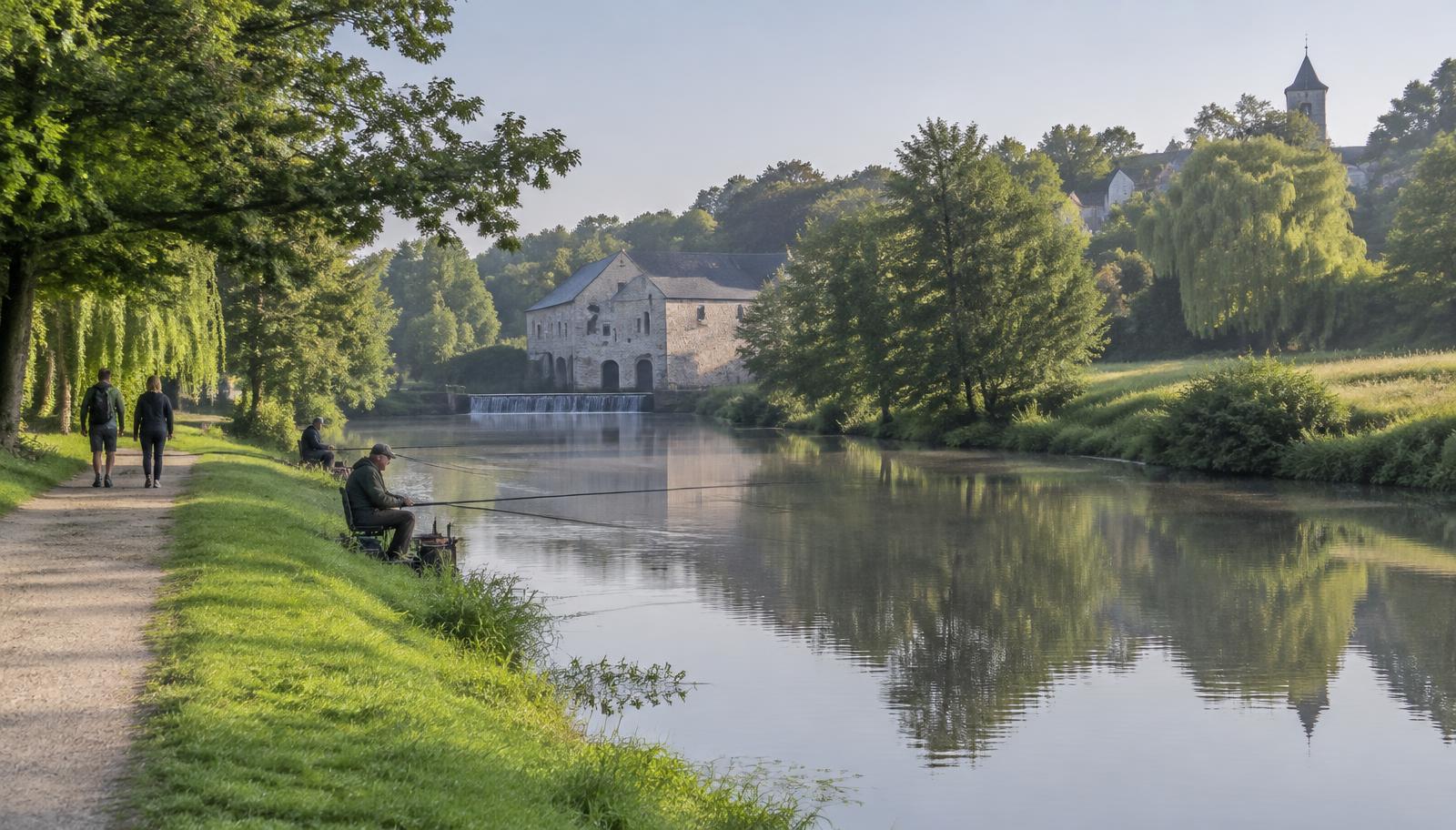 Bords de Sèvre nantaise : chemin de halage, pêcheurs, rivière calme et ancien moulin de pierre