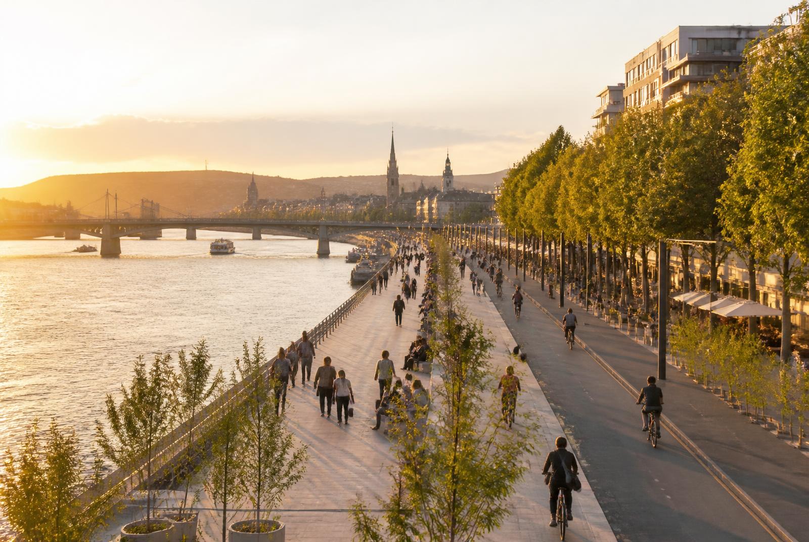 Illustration des quais de Seine à Rouen : promenade plantée, cyclistes et clochers de la ville au loin