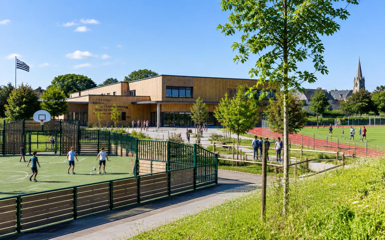 Équipements publics de Saint-Avé : école, salle et esplanade plantée