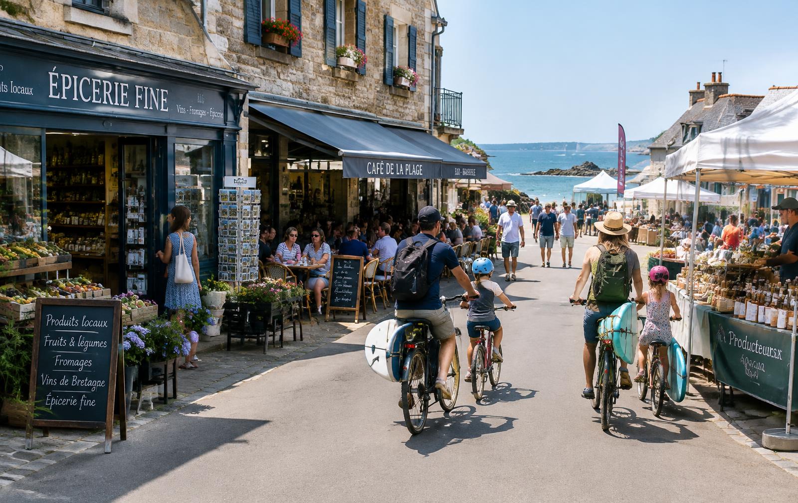 Commerces du bourg de Saint-Briac-sur-Mer : devantures, terrasses et passants