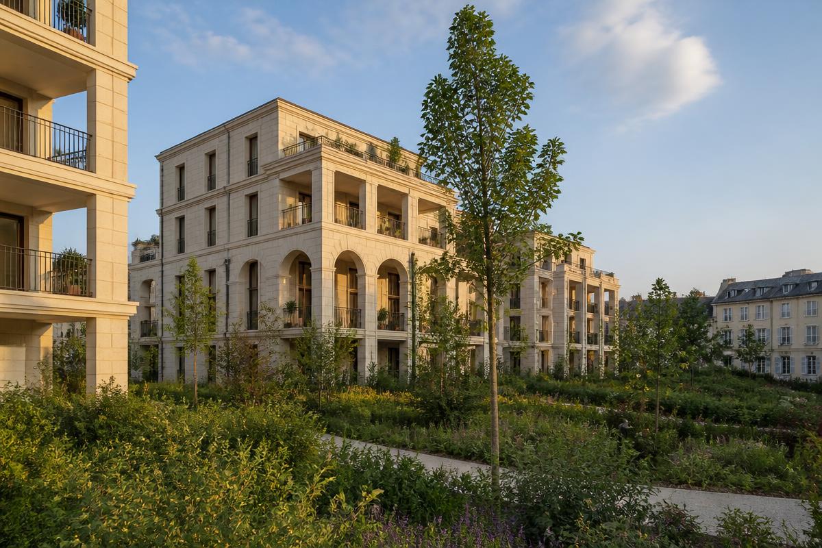Quartier neuf de Saint-Grégoire : immeubles en pierre claire, loggias et jardins plantés