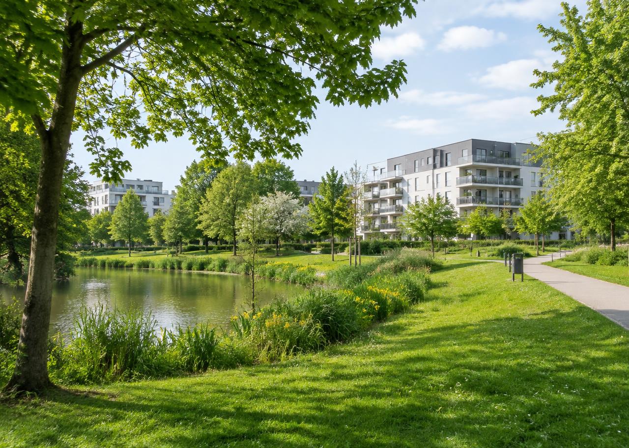 Parc urbain de Saint-Herblain avec plan d'eau et immeubles résidentiels contemporains