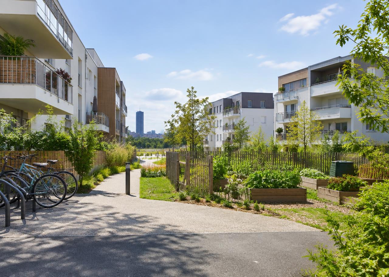 Quartier neuf à Saint-Herblain avec jardins partagés, vélos et immeubles contemporains