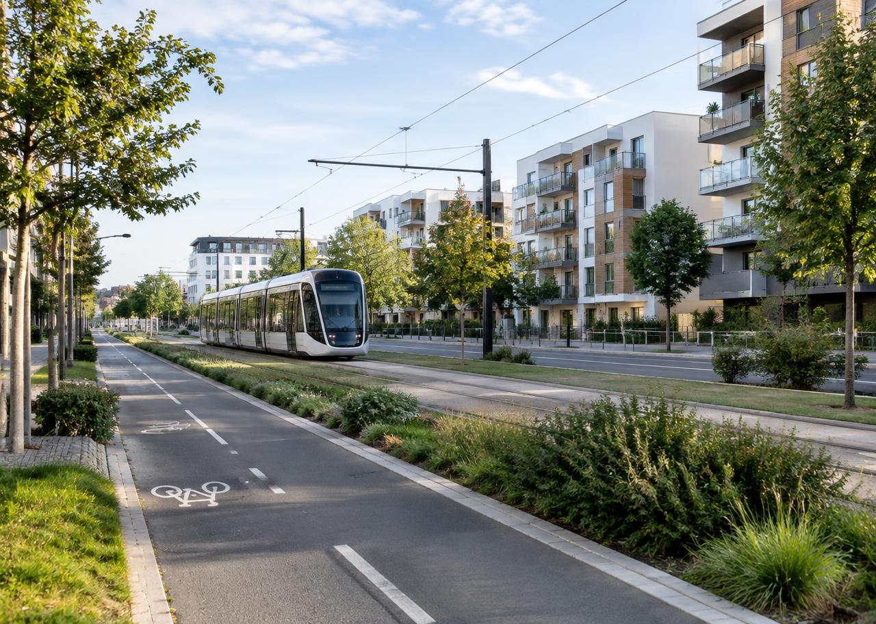 Tramway, piste cyclable et logements récents à Saint-Herblain, aux portes de Nantes