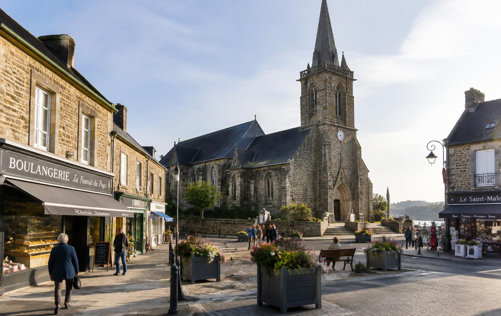 Bourg de Saint-Jouan-des-Guérets : église, place et maisons claires