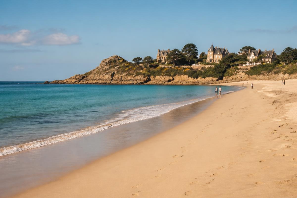 Grande plage de sable de Saint-Lunaire, mer turquoise et villas balnéaires sur la pointe rocheuse