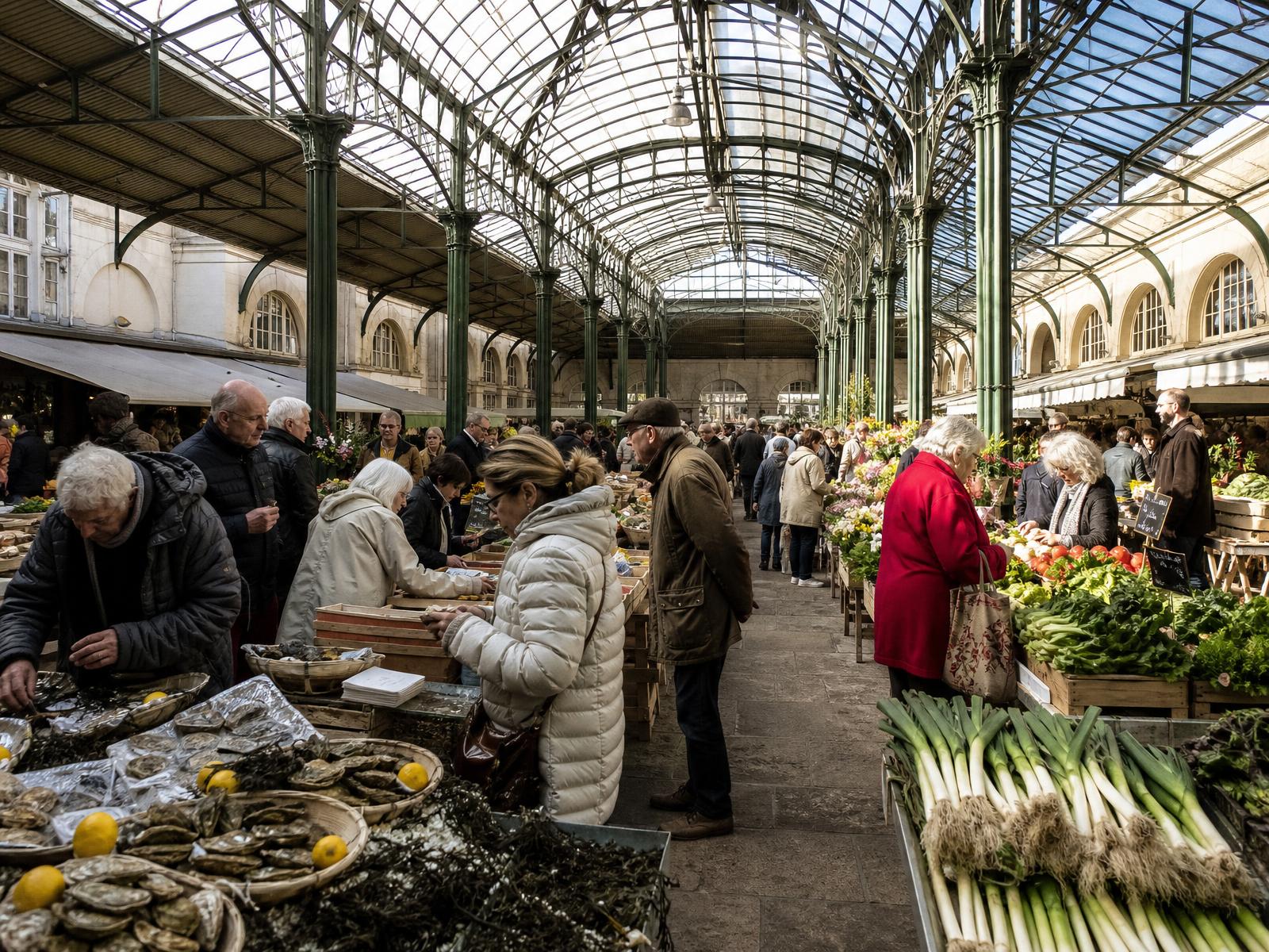 Illustration d'un marché couvert breton avec étals de poissons, légumes et fleurs
