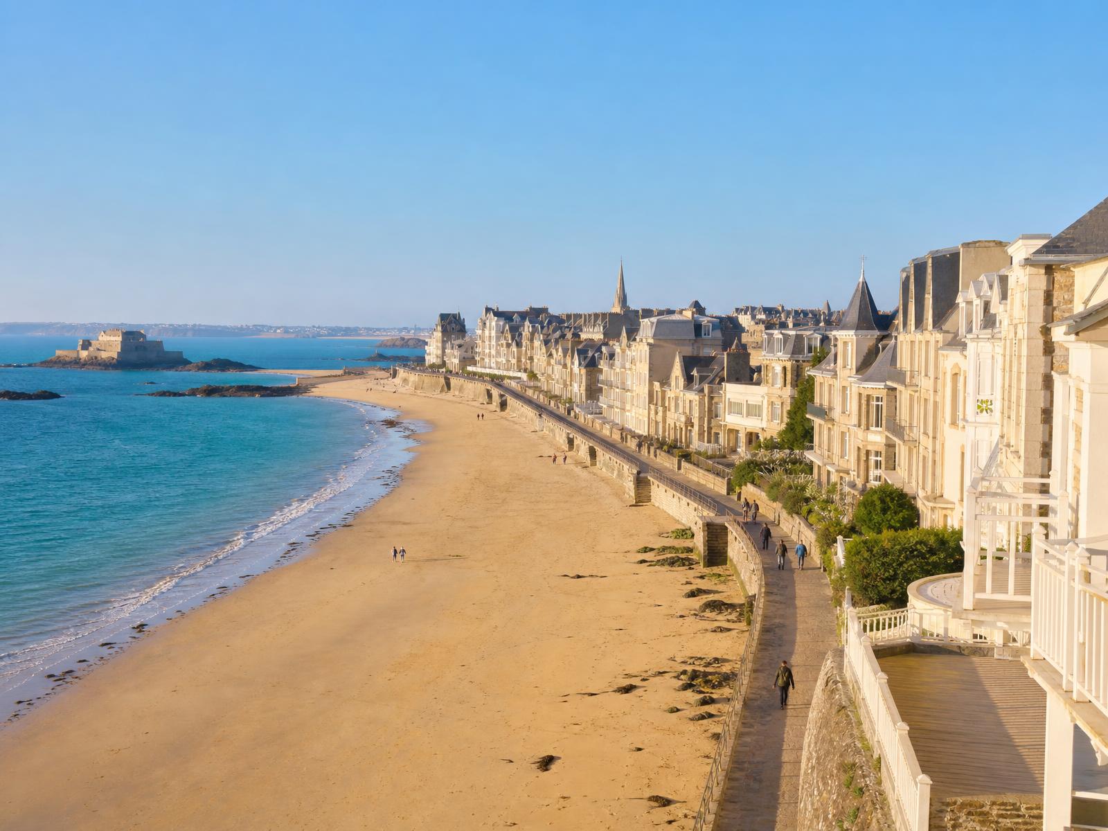 Illustration de la digue du Sillon à Saint-Malo, brise-lames de chêne alignés face à la plage