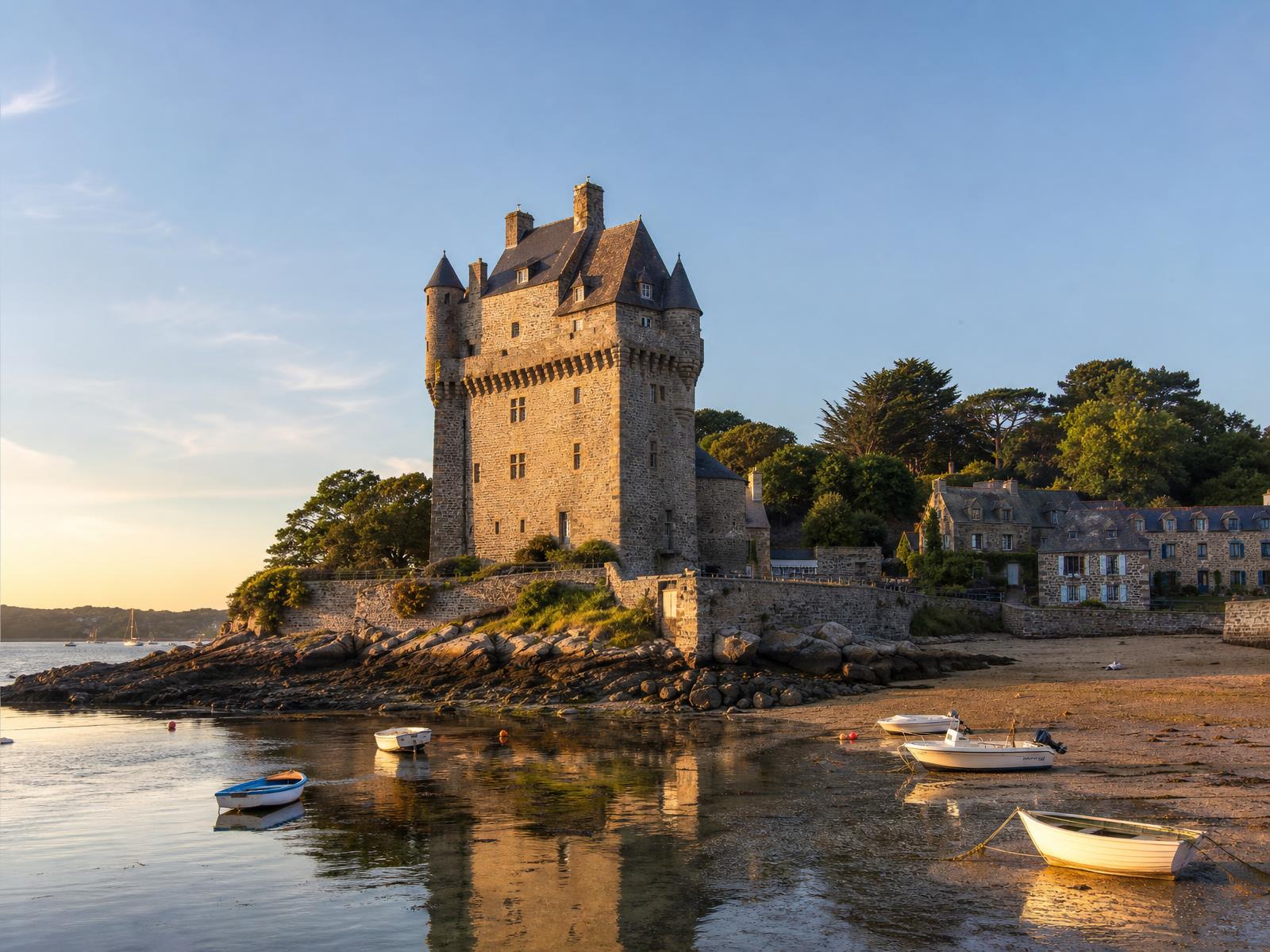 Illustration de l'anse et de la tour Solidor à Saint-Servan, bateaux échoués à marée basse
