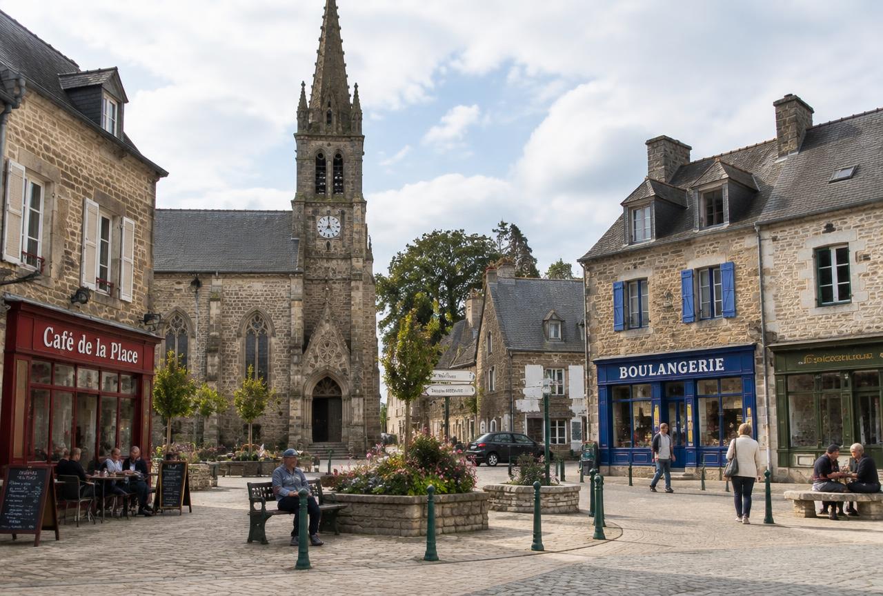 Illustration du centre-bourg de Saint-Méen-le-Grand : maisons de granit, commerces et place animée