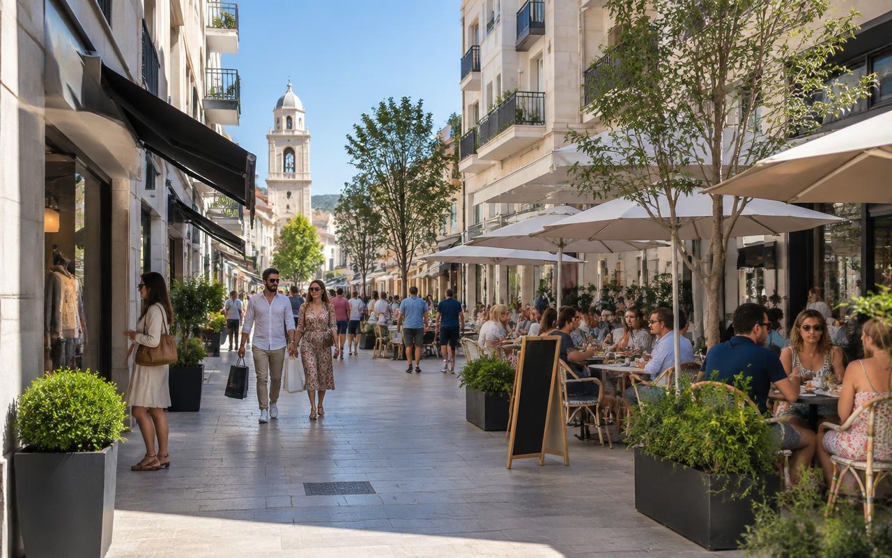 Rue du centre-ville reconstruit de Saint-Nazaire : immeubles clairs des années 1950, commerces et passants