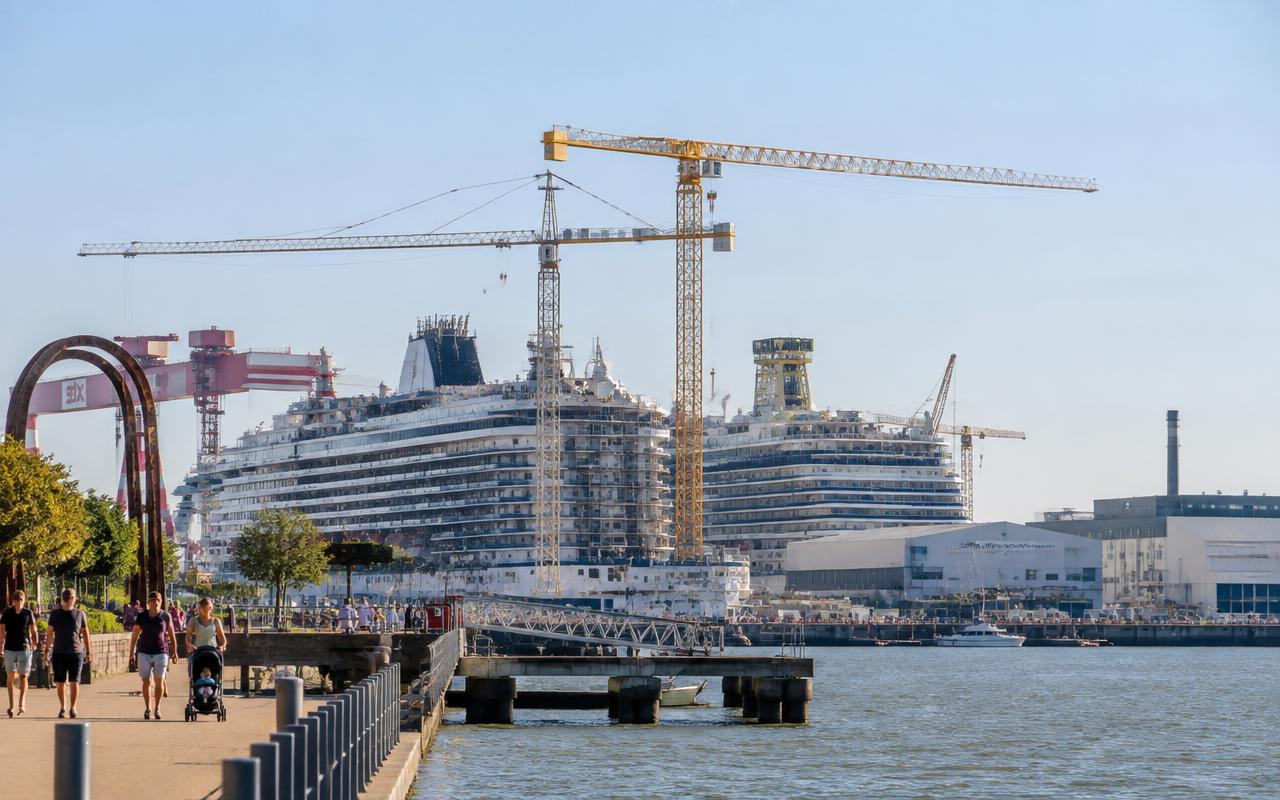 Illustration de la base sous-marine de Saint-Nazaire : blocs de béton massifs, bassin du port et grues des chantiers navals en arrière-plan