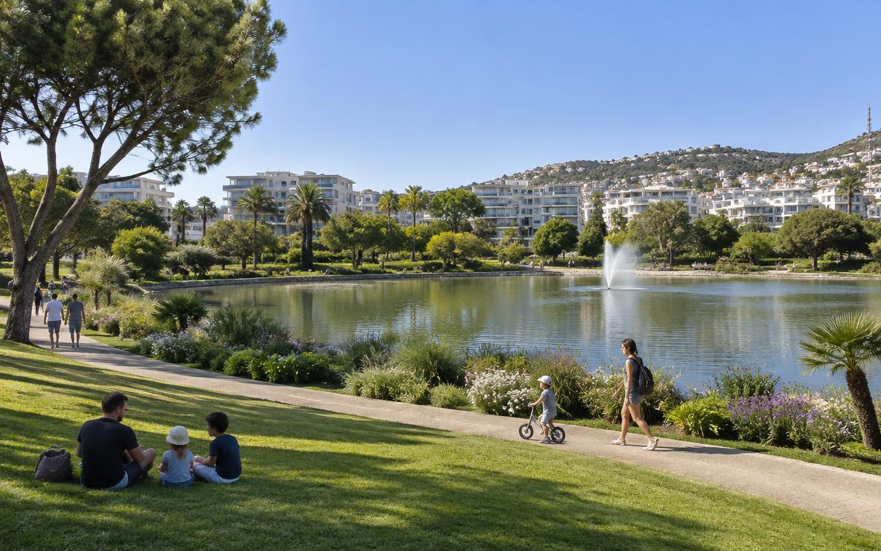 Parc paysager de Saint-Nazaire : pelouses, grands arbres, allées de promenade et vue sur l'estuaire