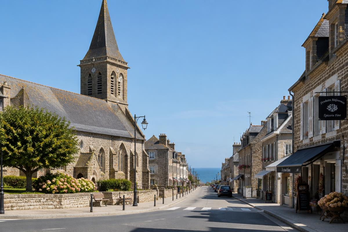 Église et rue commerçante du centre de Saint-Pair-sur-Mer