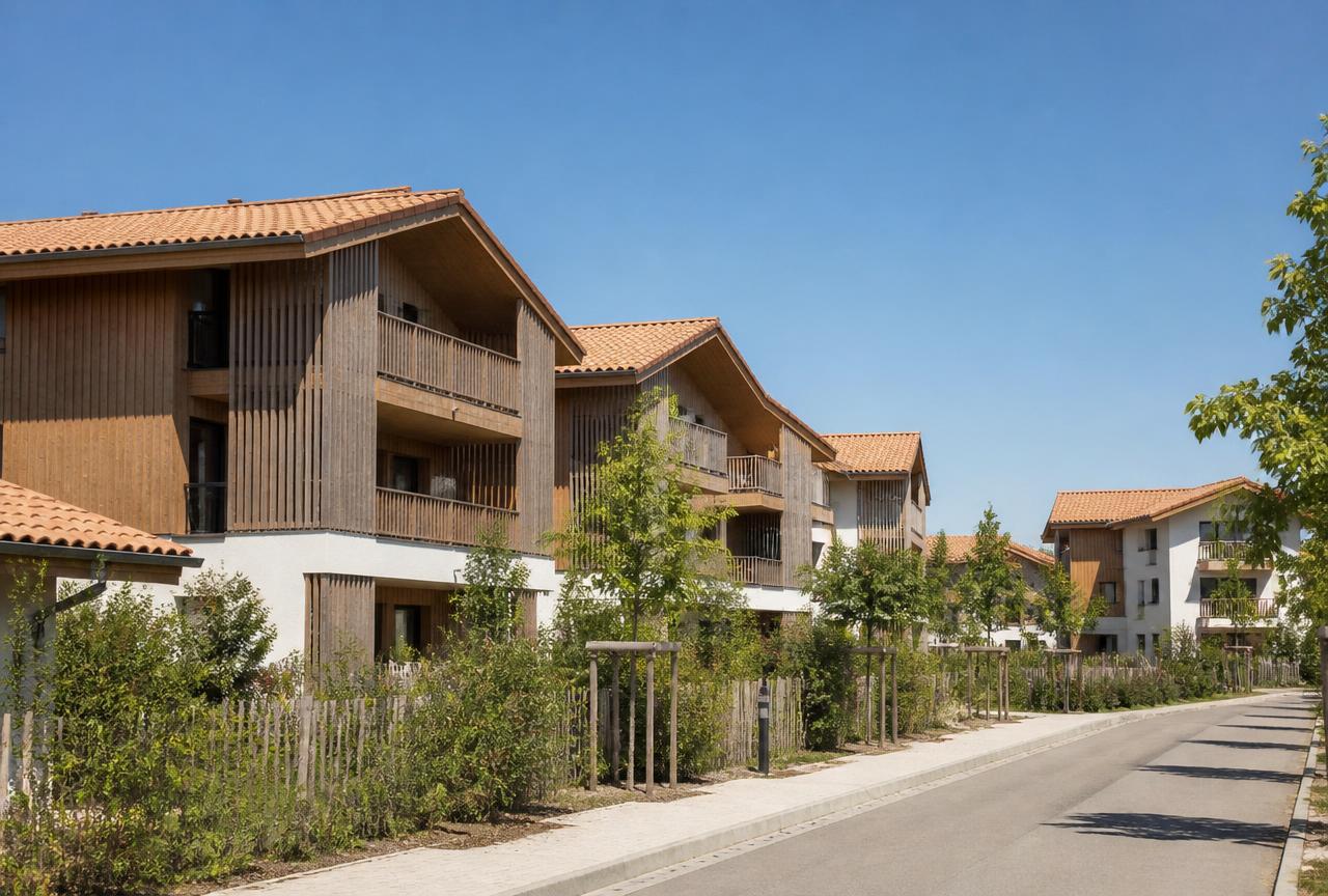 Quartier résidentiel récent de Saint-Pierre-du-Mont : maisons claires, jardins et rue calme