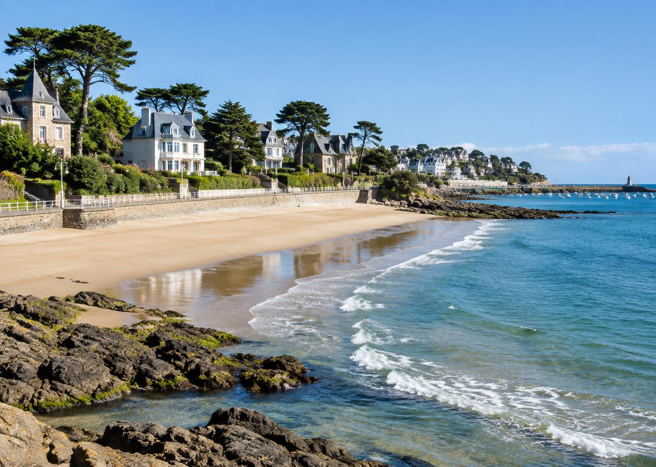 Plage de Saint-Quay-Portrieux avec villas, pins et mer bleue