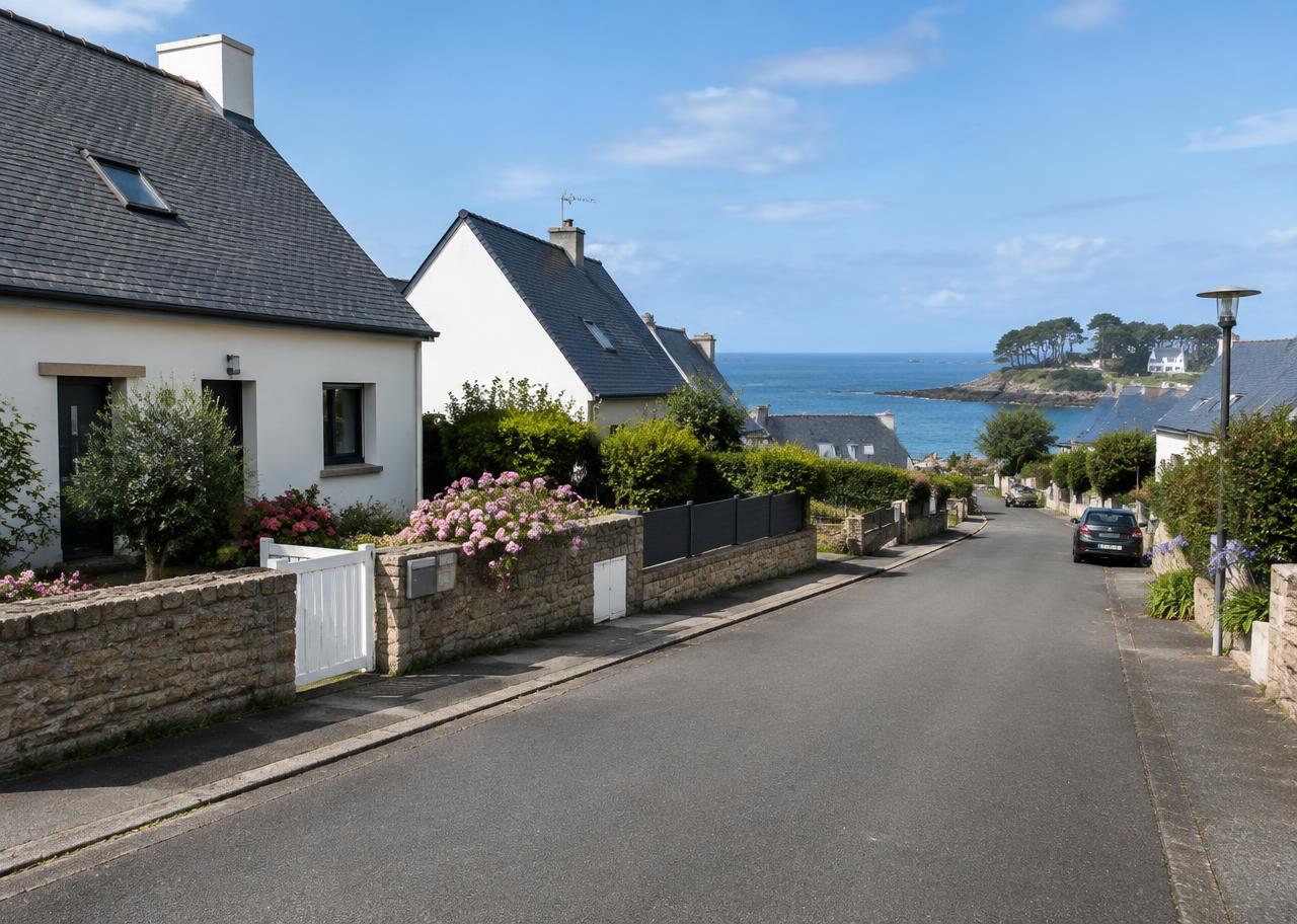 Rue résidentielle calme de Saint-Quay-Portrieux avec maisons, jardins et mer en arrière-plan
