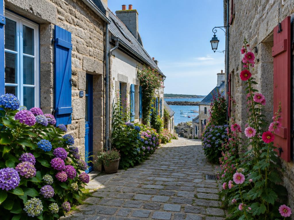 Ruelles étroites de Saint-Suliac : murs de granit, roses trémières et volets colorés
