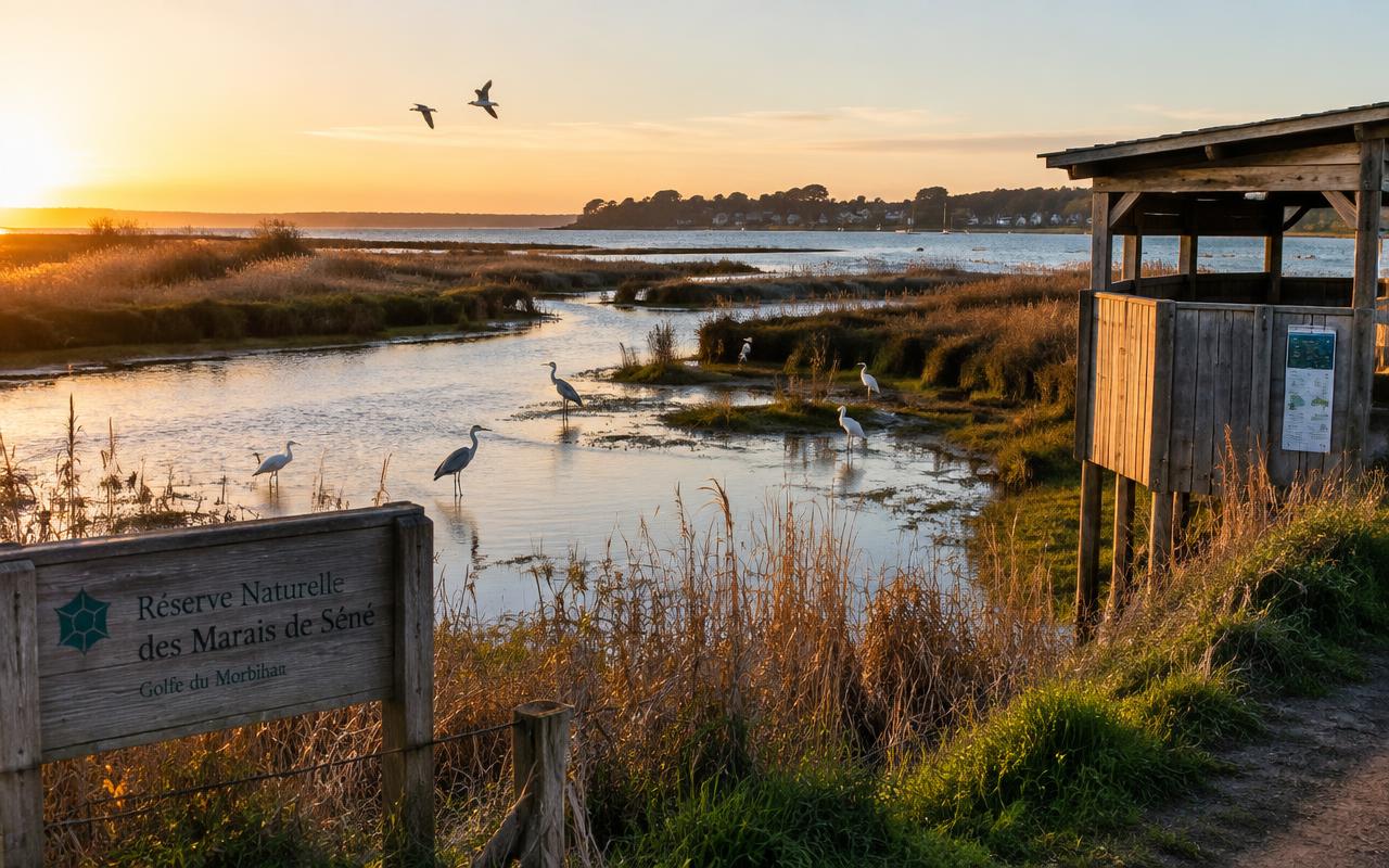 Illustration des marais de Séné : lagunes, roselières, oiseaux et observatoire en bois