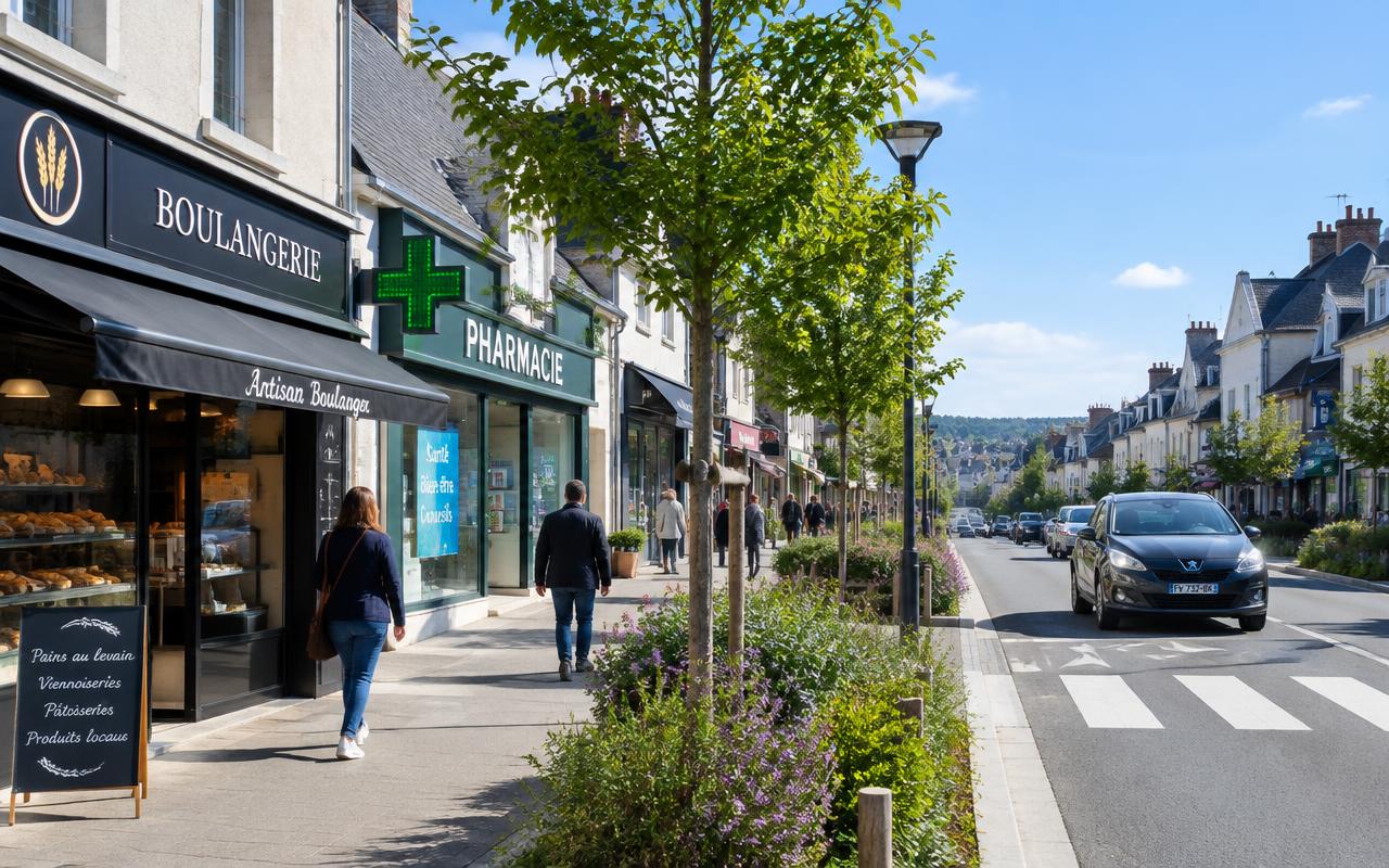 Quartier du Poulfanc à Séné : commerces, immeubles récents et rue plantée