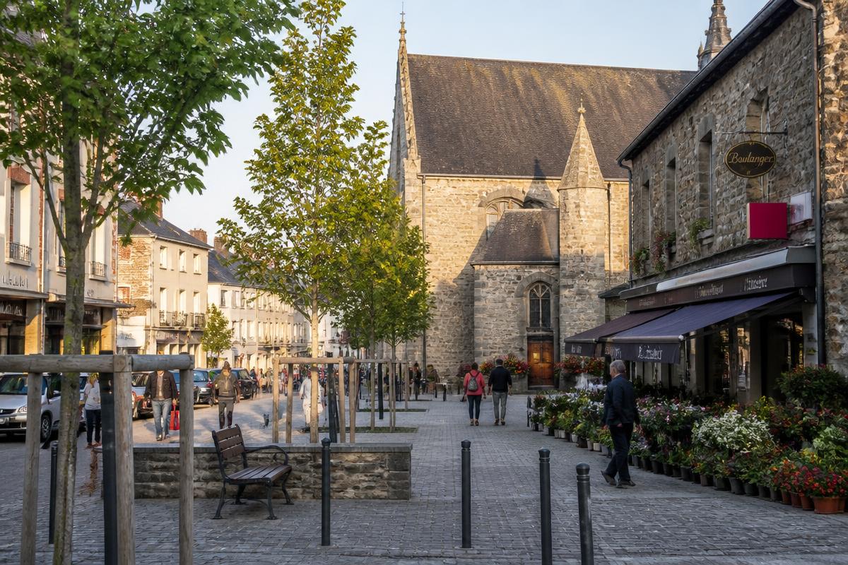 Illustration du centre de Thorigné-Fouillard : place pavée plantée, église en granit et commerces de proximité