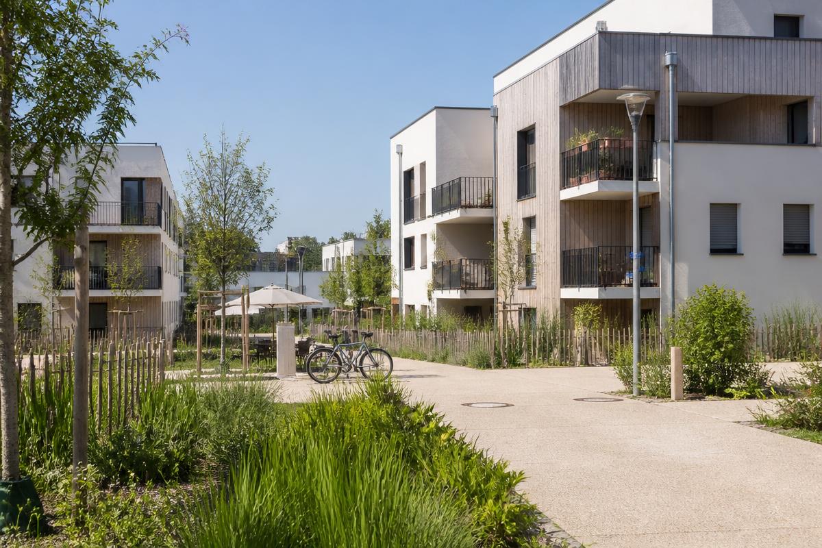 Quartier récent de Thorigné-Fouillard : petits collectifs clairs, bardage bois et noues plantées