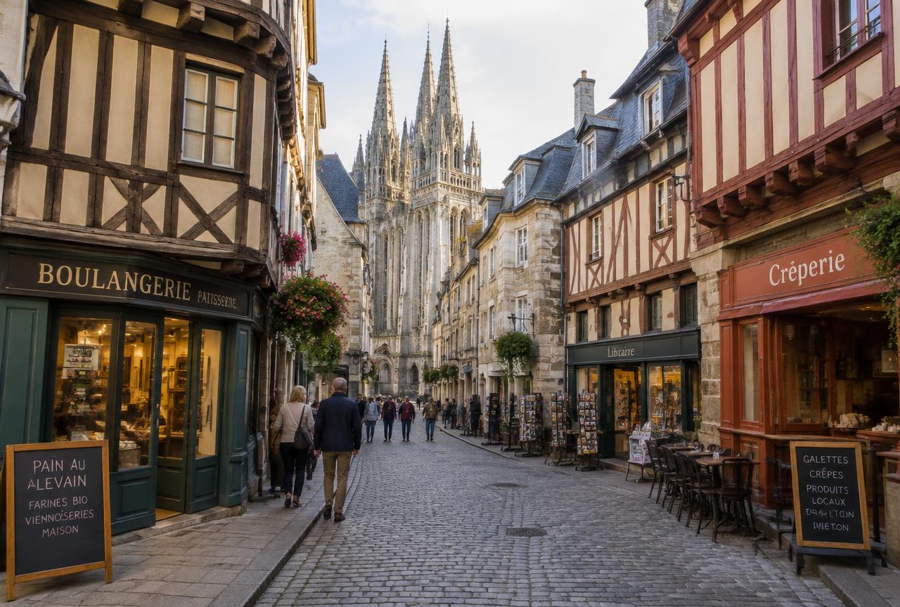 Ruelle de la vieille ville de Vannes : maisons à pans de bois et terrasses